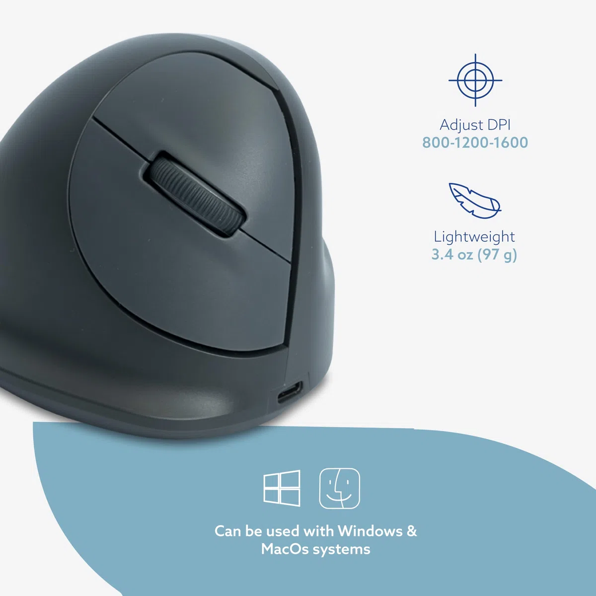 R-Go HE Basic - Mouse ergonomico senza fili, Bluetooth 5.0, ricaricabile, design verticale, 1600 DPI e 3 pulsanti, previene gomito del tennista/braccio RSI, per Windows/Mac, nero