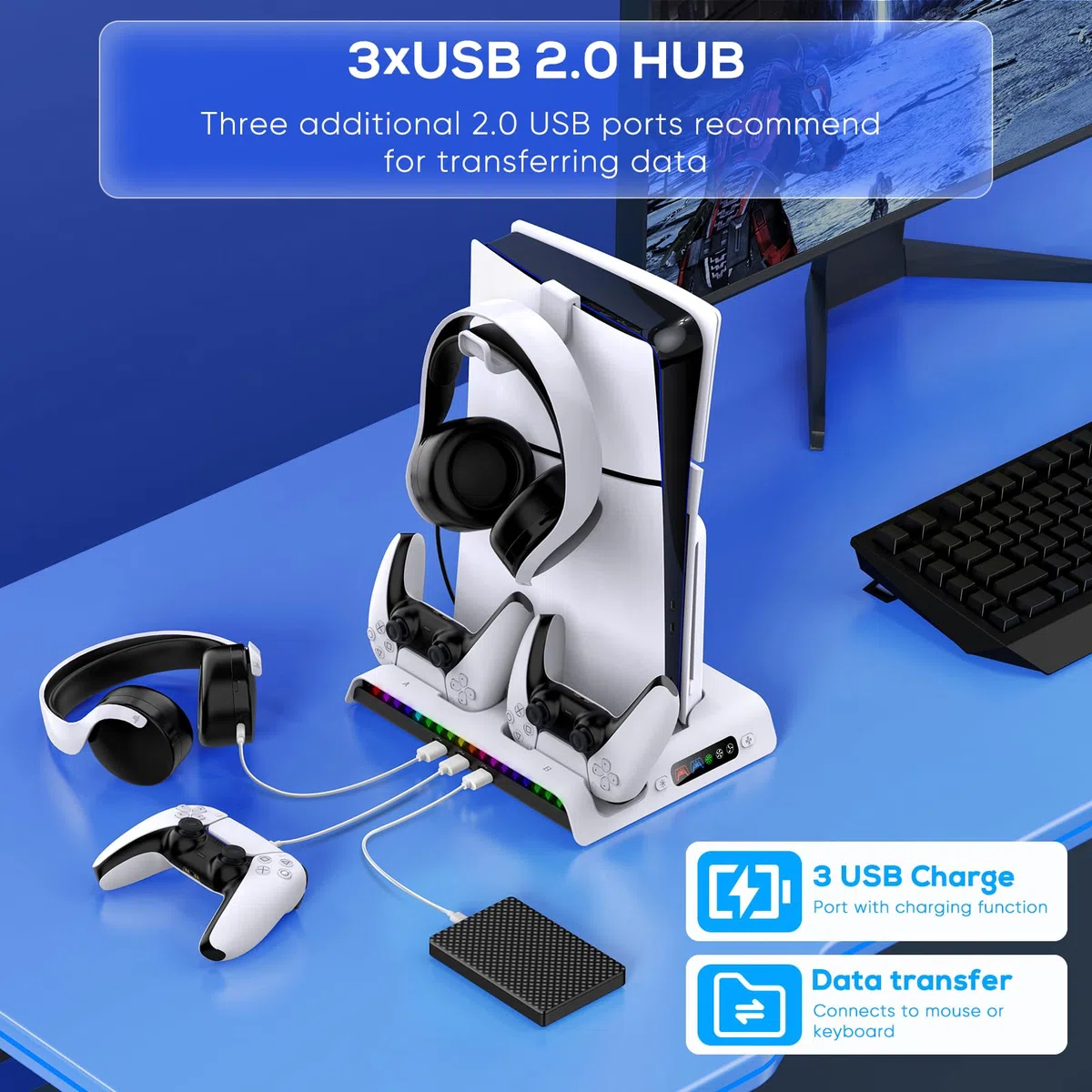 FYOUNG Supporto verticale per console PS5 Slim con ventola e controller di ricarica, supporto di raffreddamento multifunzione per PlayStation 5 Slim Accessori con luce 9RGB (solo per PS5 Slim)