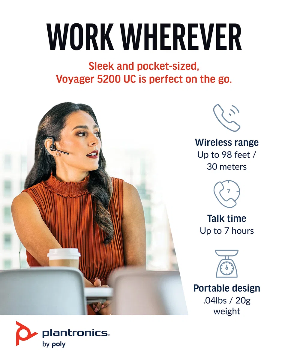 Poly Voyager 5200, Auricolare Senza Filo, Connessione Bluetooth 5.0 e USB-A, Comandi sul Dispositivo, Imbottitura in Similpelle, Autonomia 7 Ore, Base di Ricarica, Compatibile con Windows e mac, Nero