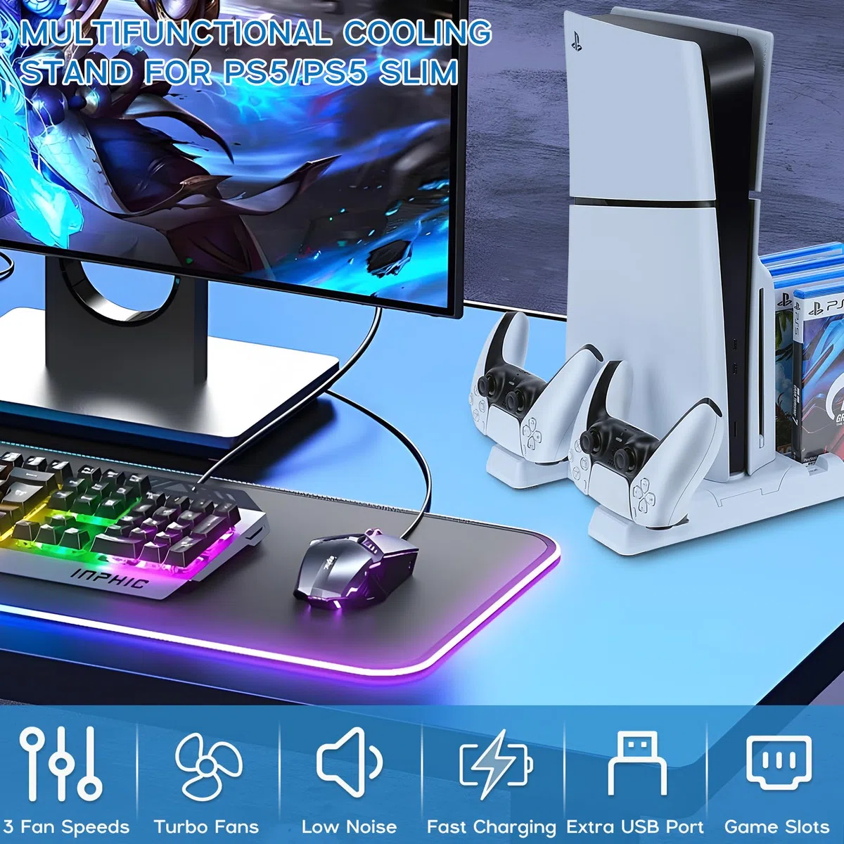 PS5/PS5 Slim Supporto di Ricarica con Ventola di 3 VelocitàRaffreddament per PS5/PS5 Slim, Supporto di Ricarica Controller PS5 con 11 Slot per Schede di Gioco per PS5/PS5 Slim Digitale/Disco