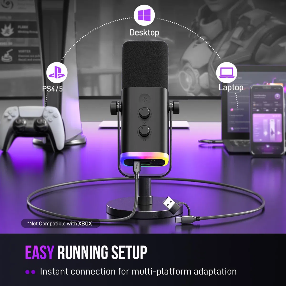 FIFINE Microfono dinamico USB/XLR per la registrazione di podcast, microfono per PC e videogiochi in streaming con luce RGB, pulsante mute, jack per cuffie, supporto da tavolo, microfono vocale per