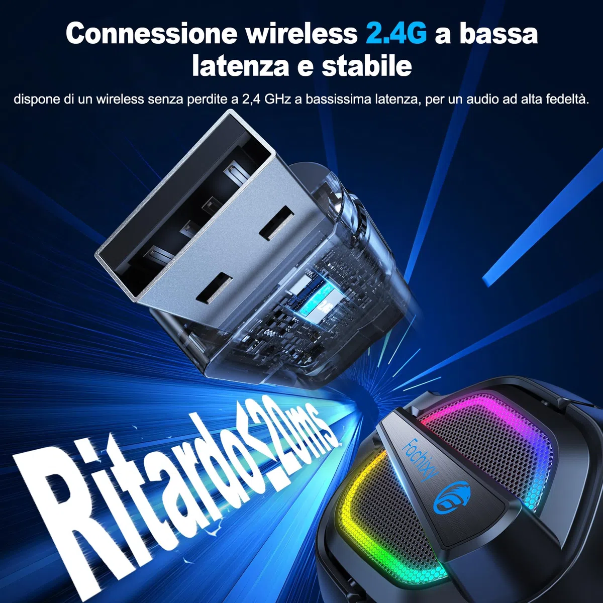Fachixy FC200 Cuffie Gaming Wireless 2.4GHz per PS5 PS4 PC Switch Mac Mobile Stereo Bluetooth Over Ear LED 50 Ore