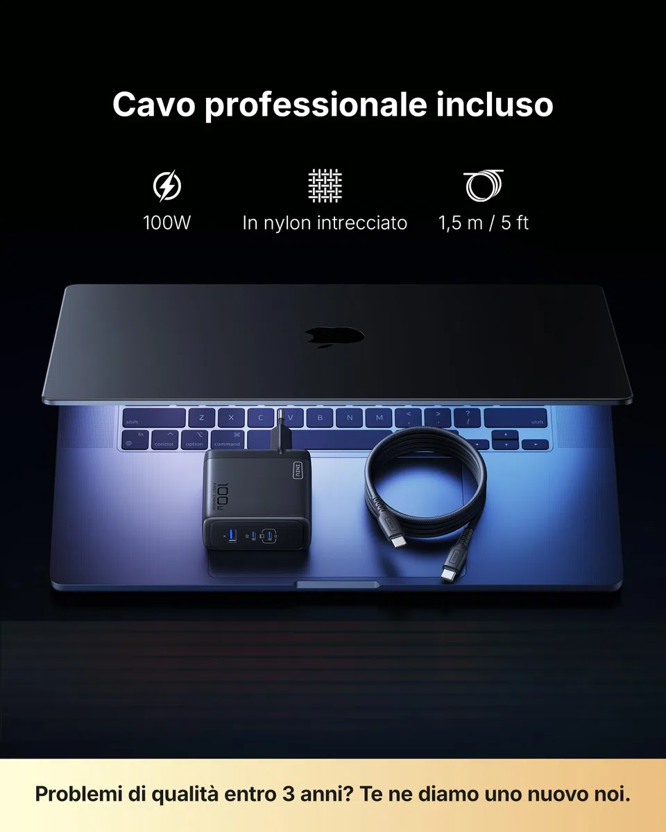 INIU 100W USB C Caricatore GaN Multiplo Presa Caricabatterie Alimentatore Rapido Compatto con Cavo per MacBook Pro Air iPad iPhone 17 16 15 Pro Max Samsung S25 S24 Ultra Switch 2 Xiaomi 15