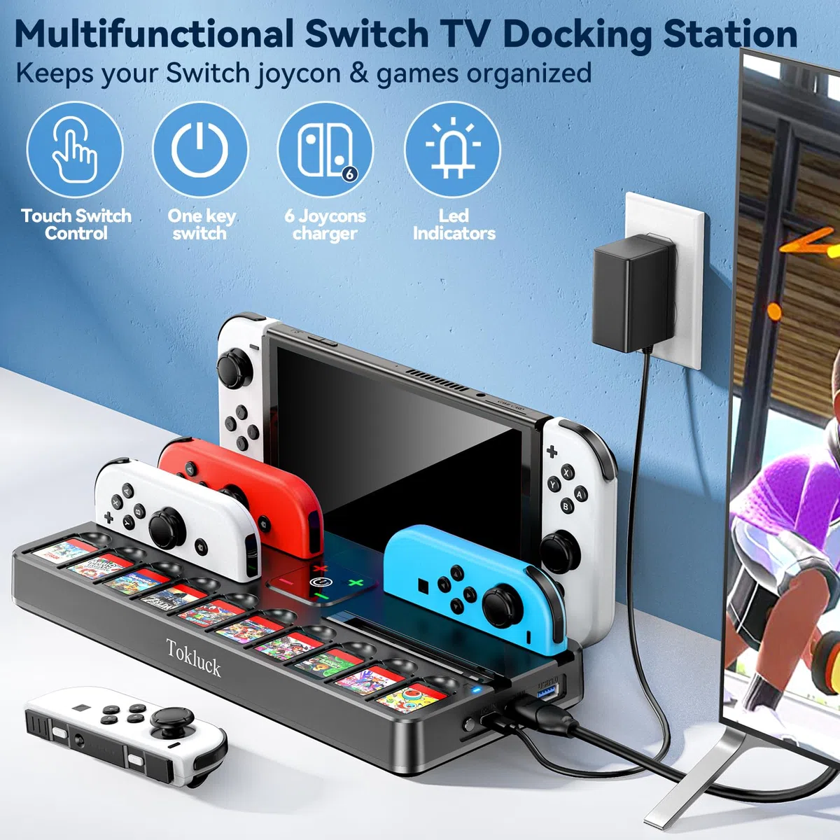 Switch TV Dock con Caricatore per Joycon, Dock per Nintendo Switch/OLED, Base di Ricarica per Joycon Switch con 4K HDMI, Porta USB 3.0 e Organizer per 10 Gioco Switch