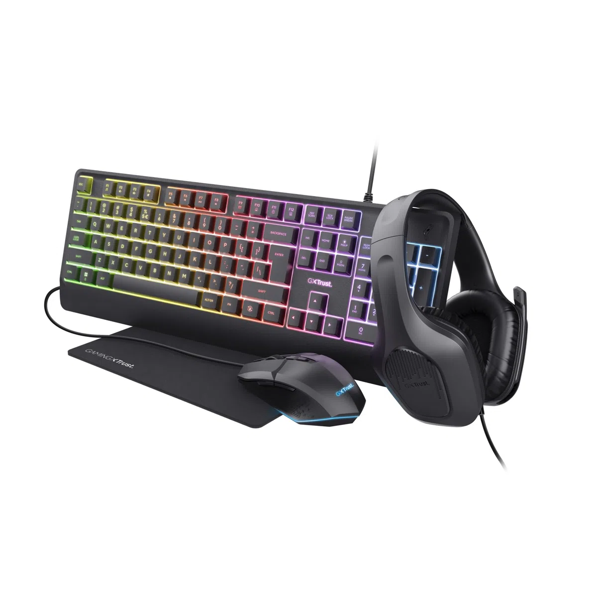 Trust Gaming GXT 792 Quadrox Kit 4-in-1 Mouse e Tastiera Gaming, Layout Italiano QWERTY, Cuffie con Microfono Leggere Jack Audio 3.5 mm, Tappetino, Bundle Pacchetto Gamer RGB per PC, Laptop - Nero