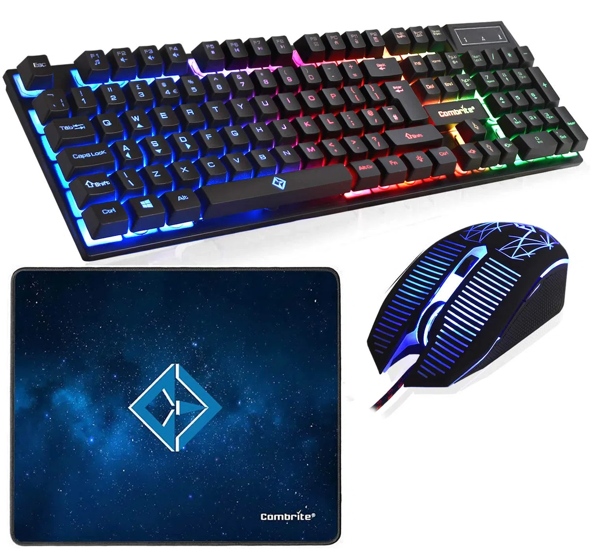 Raptor - Set tastiera e mouse da gioco con grande tappetino per mouse, LED arcobaleno, combinazione desktop cablata USB, layout UK, per PC, laptop, PS4, Xbox One, nero