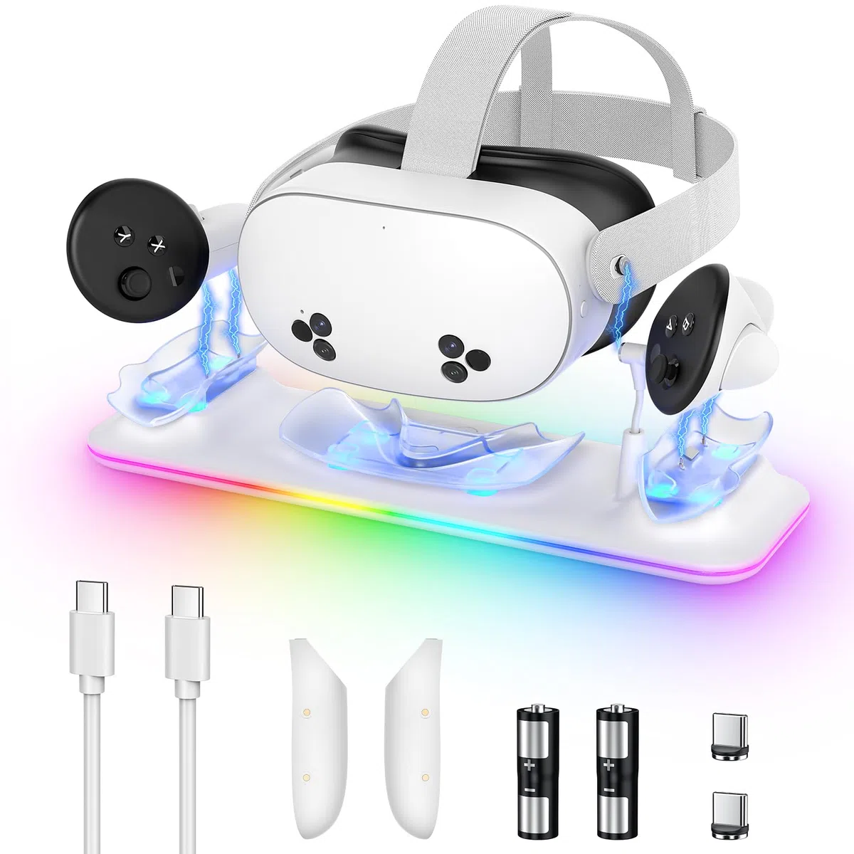 Kinwin Dock di Ricarica Magnetica per Meta Quest 3S/3, Stazione di Ricarica con Luce RGB e 2 Batterie Ricaricabili