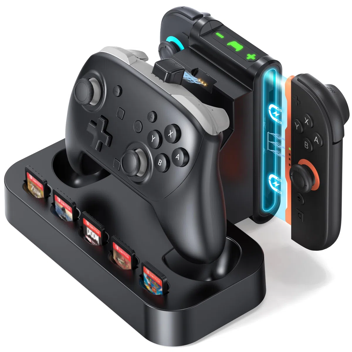 NEWDERY Stazione di ricarica controller per Nintendo Switch 2, stazione di ricarica magnetica rapida Joy con 5 giochi di stoccaggio spazio e indicatore LED, base antiscivolo