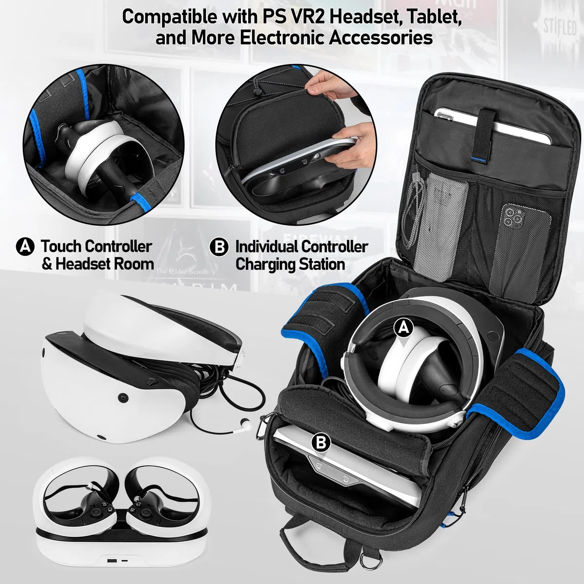 PGmoon Custodia da Trasporto per Oculus Meta Quest 2/Quest 3/Quest Pro/VR Elite/PSVR2, Zaino con Spazio per Controller
