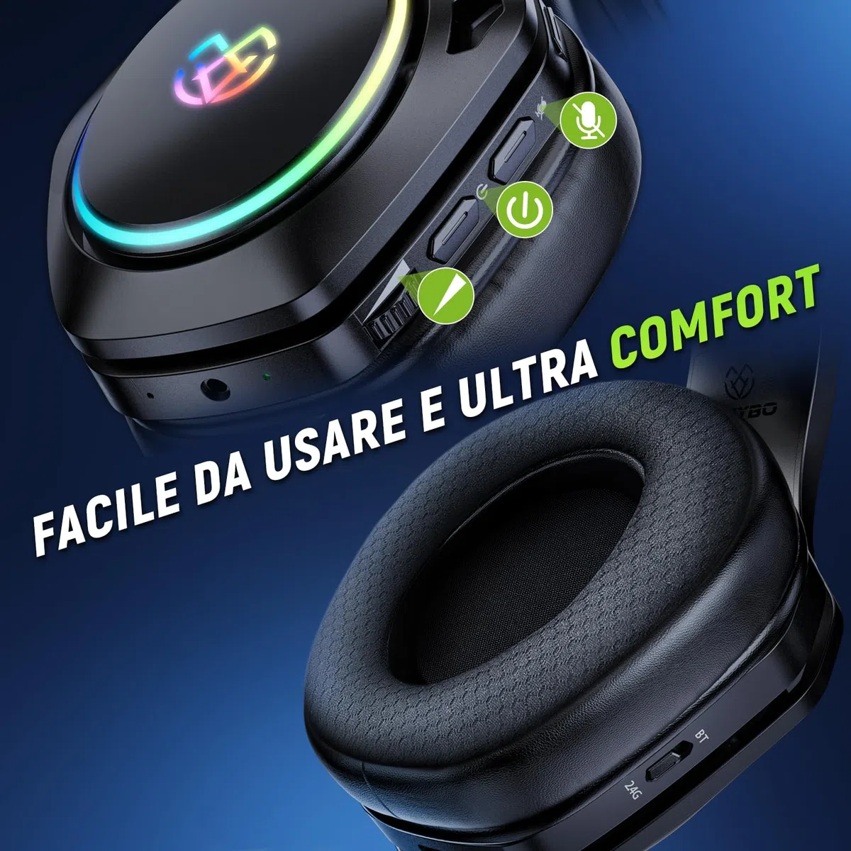 Tatybo Cuffie Gaming Wireless per PC/PS5/PS4, 2,4 GHz+Bluetooth 5.4 Dual Mode, Suono Surround 7.1, Durata 40 Ore