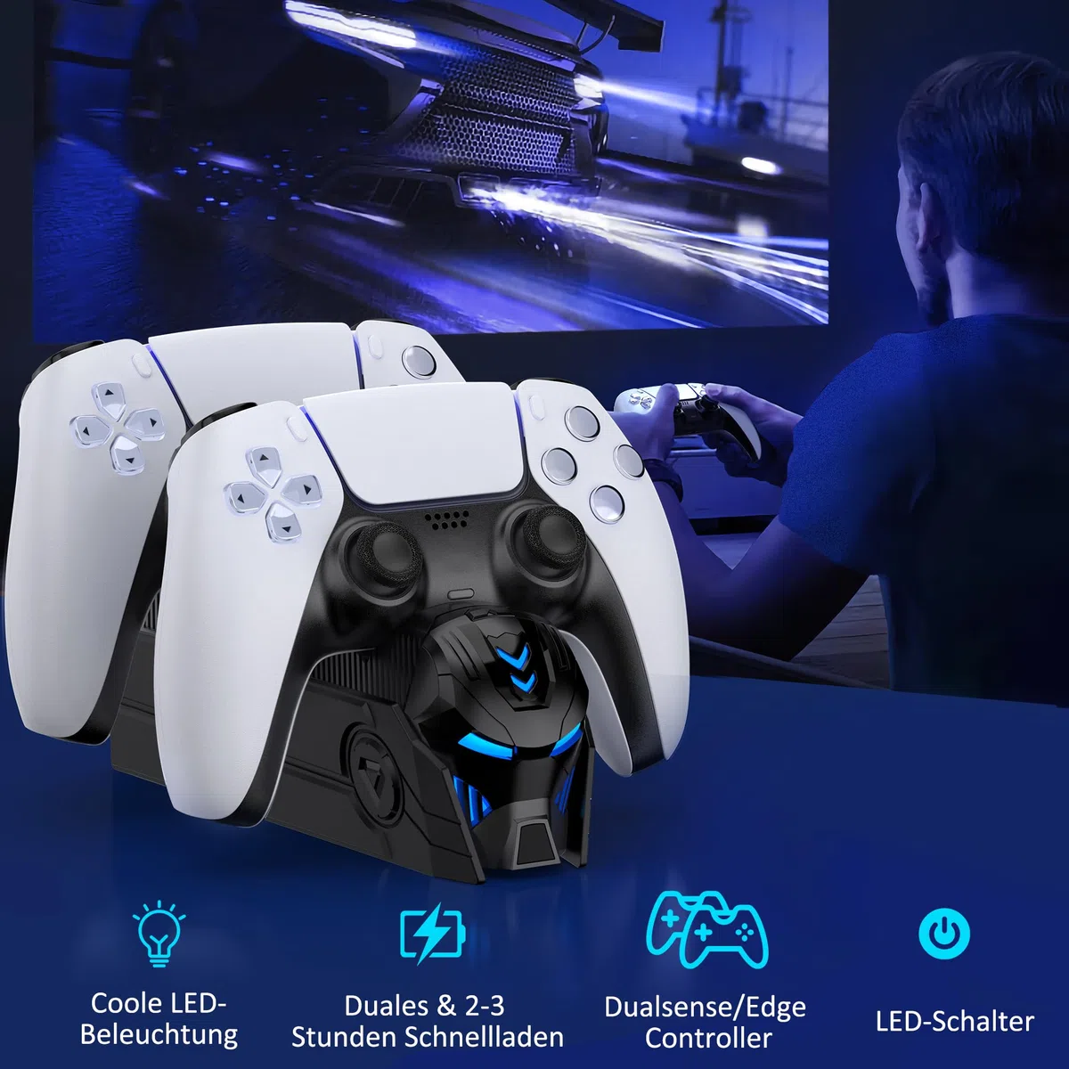 Caricatore Joystick PS5, Accessori PS5 con Aspetto Tecnologicamente Interessante/Ricarica Rapida/Indicatori LED e Segnali Acustici, Base Ricarica Dual PS5 Controller/Edge Controller(Nero)