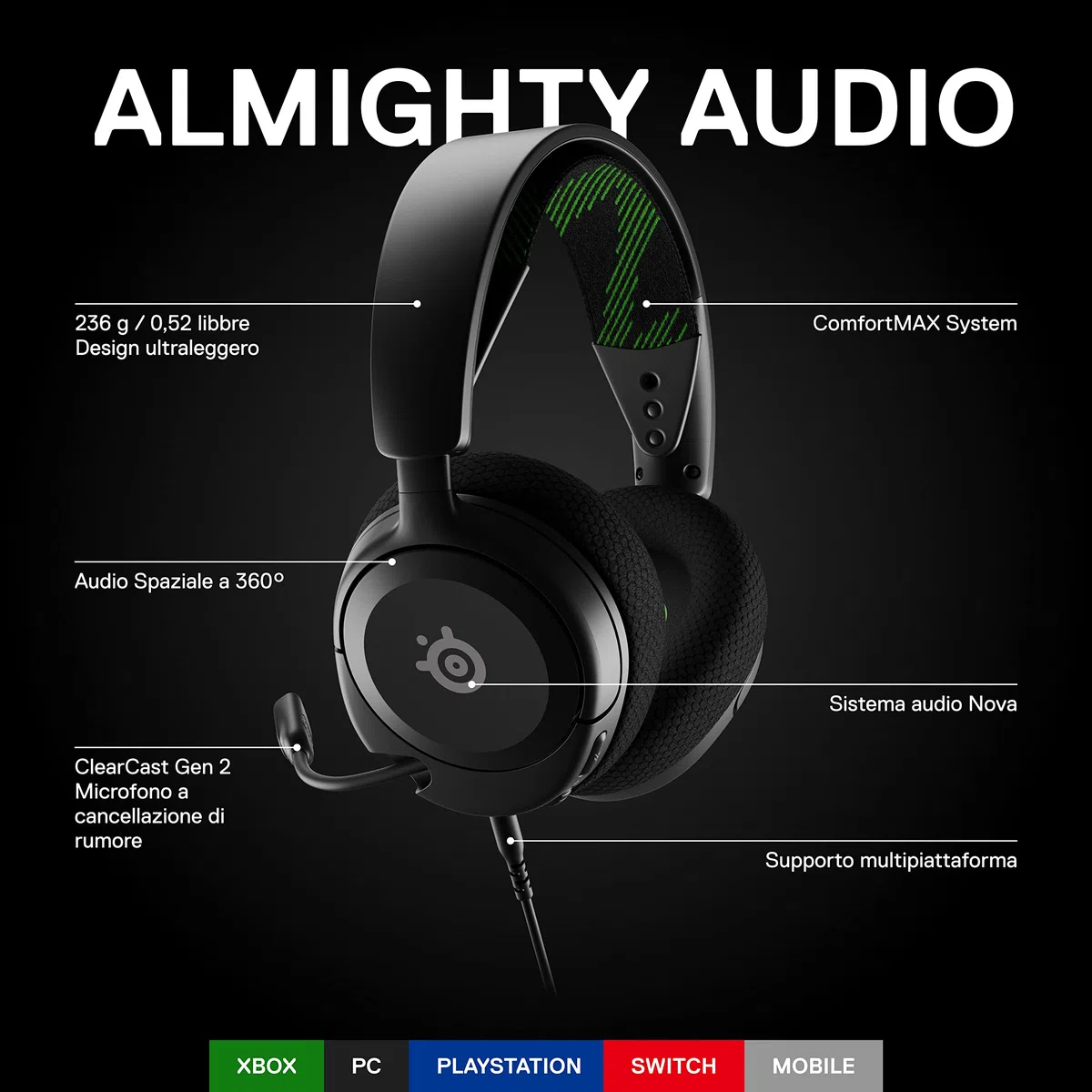 SteelSeries Arctis Nova 1X Cuffie da gaming multisistema Driver Hi-Fi Audio spaziale 360° Memory foam Ultra leggere Xbox PS5 PS4 PC Switch