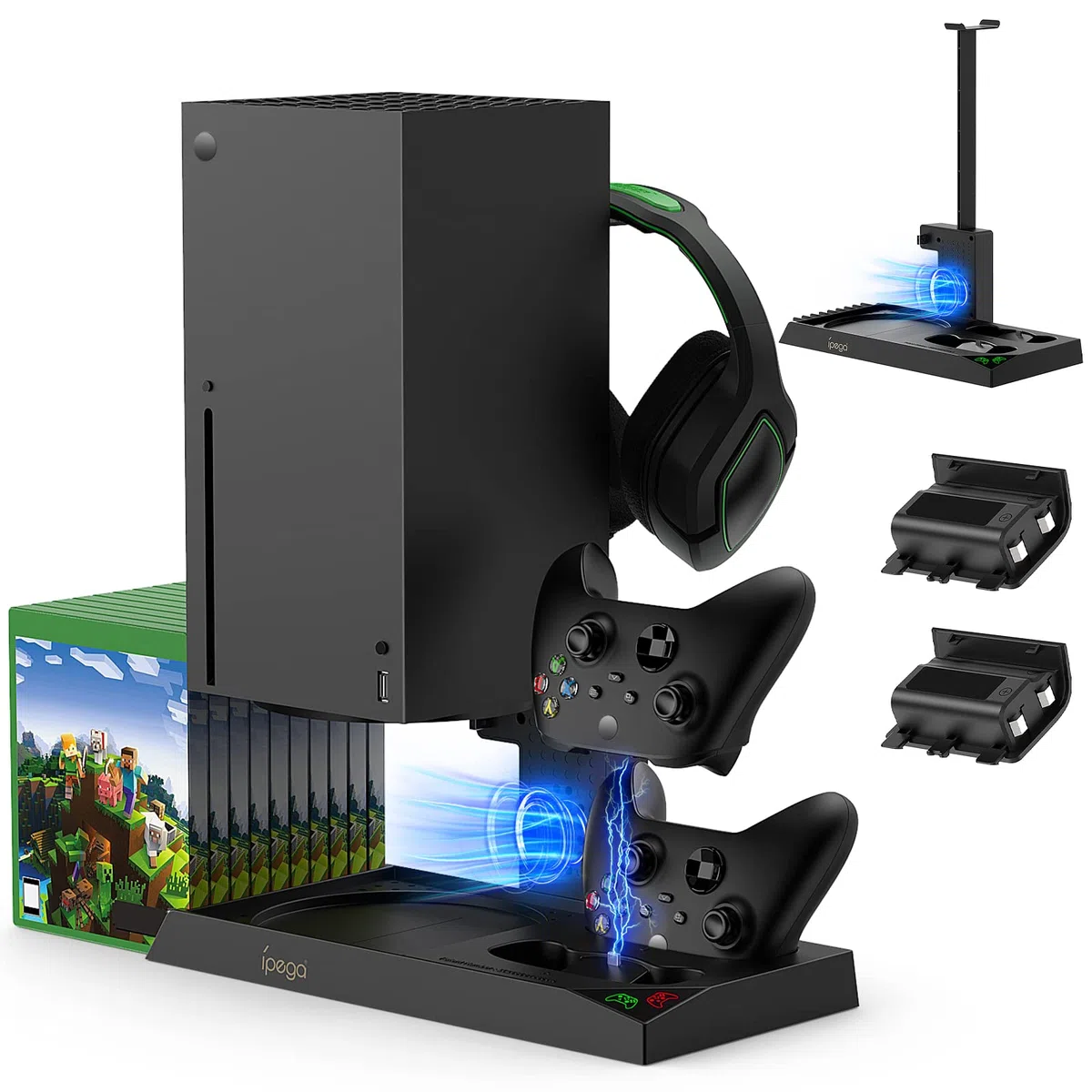 Supporto di raffreddamento verticale compatibile con console Xbox Series X, stazione di ricarica con doppio controller con 2 batterie da 1400 mAh e organizer per console da gioco e supporto per cuffie