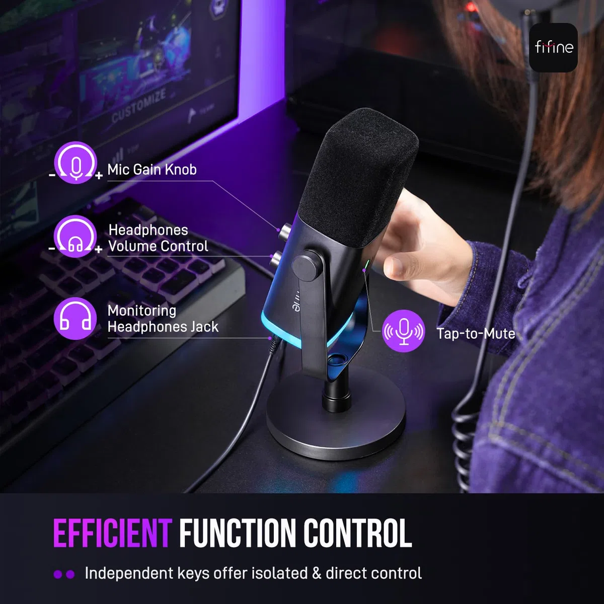 FIFINE Microfono dinamico USB/XLR per la registrazione di podcast, microfono per PC e videogiochi in streaming con luce RGB, pulsante mute, jack per cuffie, supporto da tavolo, microfono vocale per
