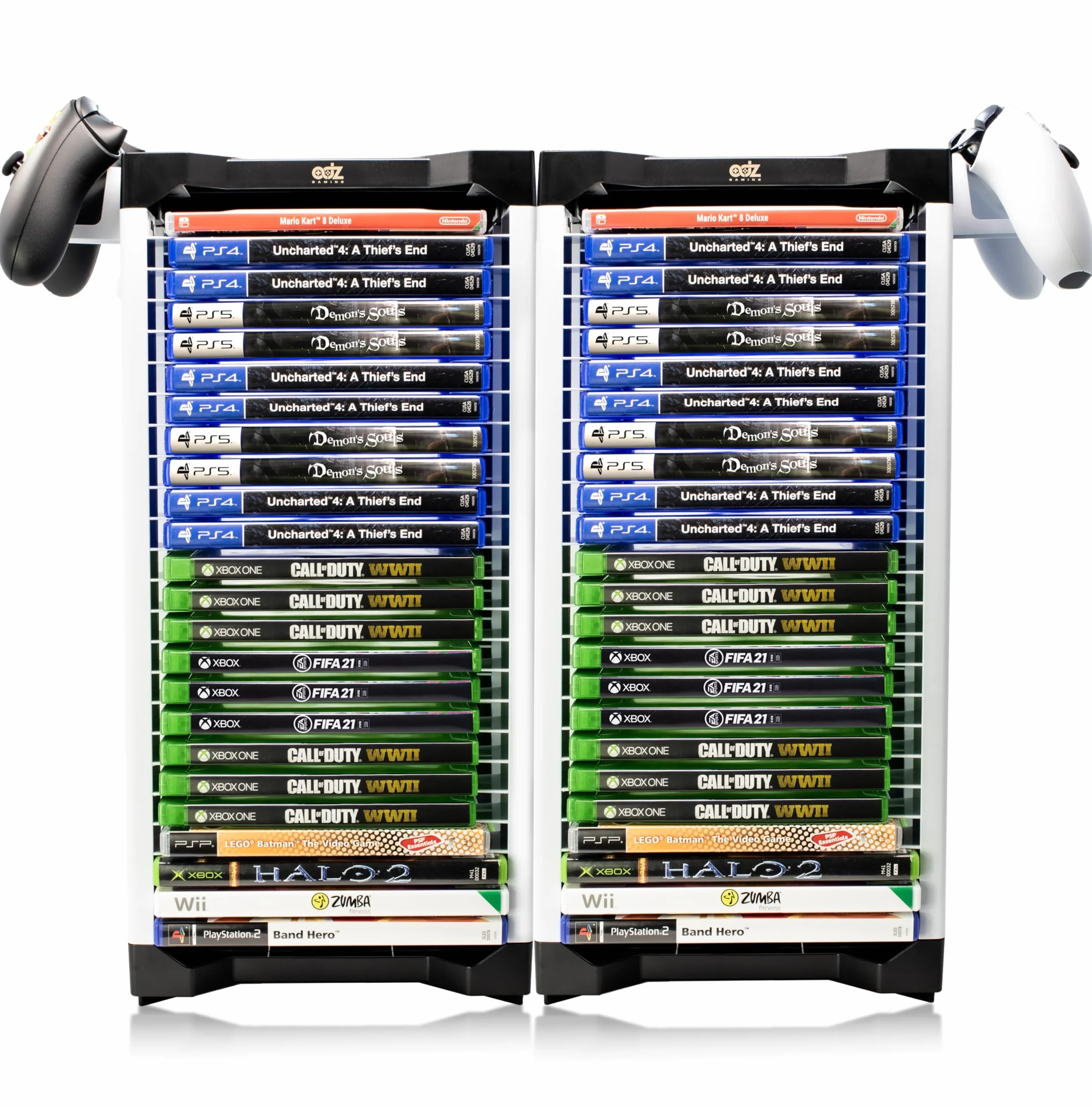 ADZ Supporto universale per videogiochi, torre di archiviazione per 46 giochi per PS2 PS3 PS4 PS5 PSP Xbox 360 Xbox One Series X Wii Switch giochi DVD e dischi Blu-Ray inclusi 2 supporti per