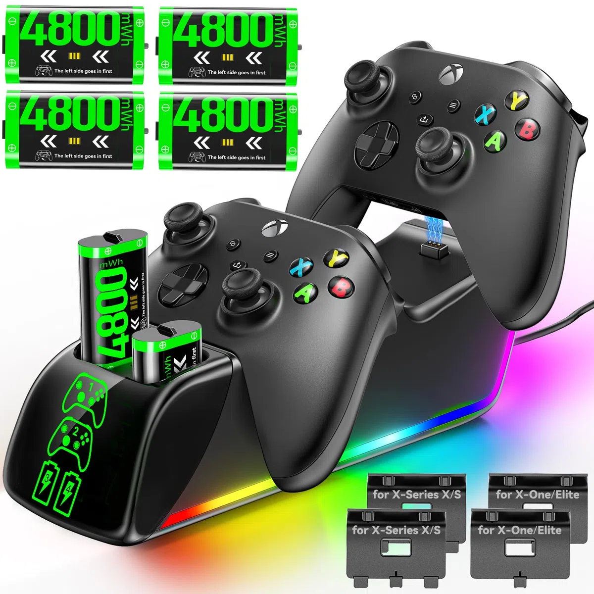 Ricarica per X-box Controller e Batterie, 4x4800mWh (4x2000mAh) Batterie per Controller X-box Series/One X/S/Elite, Caricatore per X-box con 4 Batterie Ricaricabili e 4 Coperchi per Batterie
