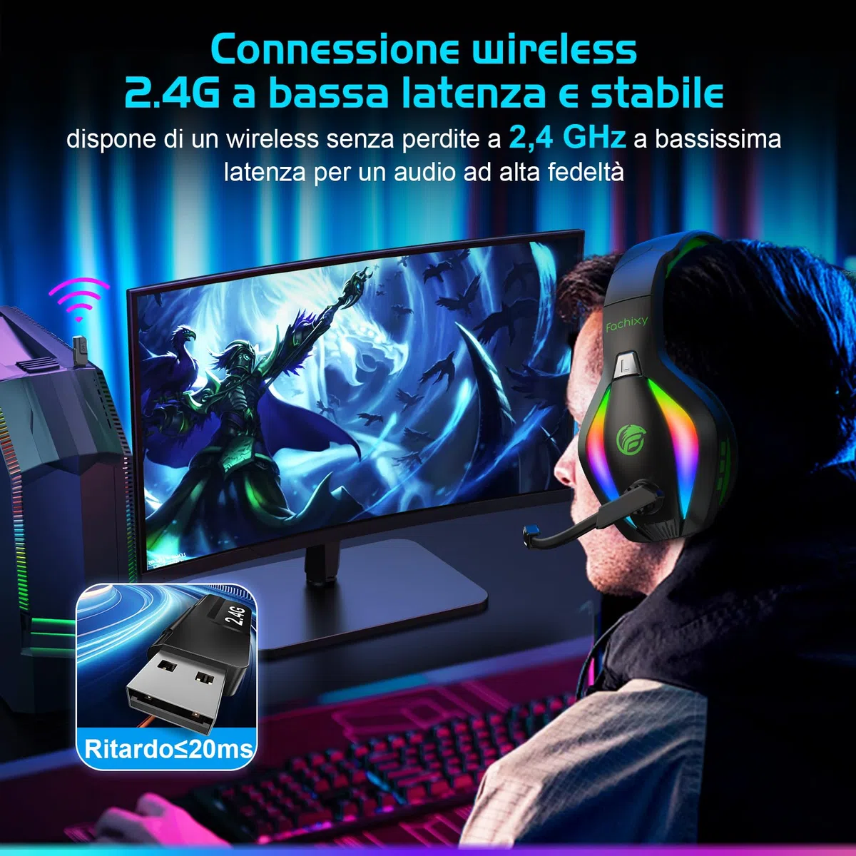 Fachixy FC100 Cuffie da gioco senza fili 2.4GHz Bluetooth microfono Suono stereo 3D 50 ore Batteria PS4 PS5 PC nero-verde