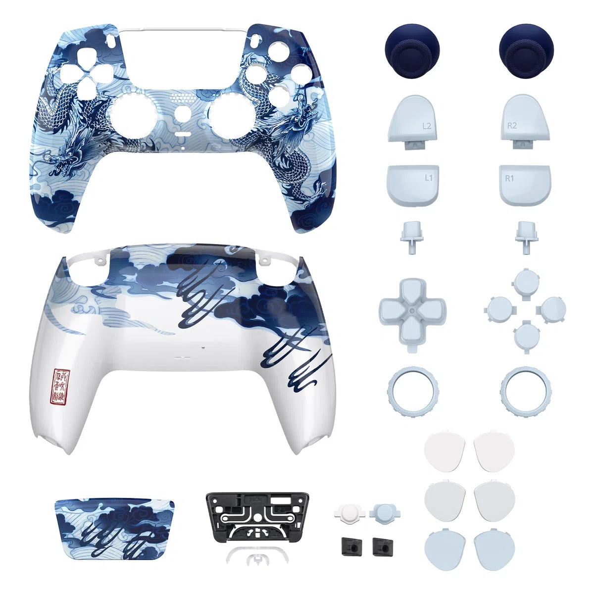 eXtremeRate LUNA Cover Tasti Ricambio per ps5 Joystick BDM-030/040/050,Shell Complete Ridisegnate per ps5 Controller,Pulsanti Set Levette Analogiche&Cacciavite-Porcellana Loong