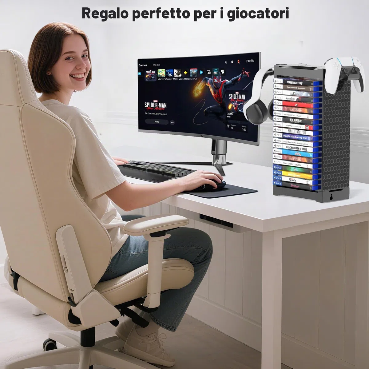 Supporto a Torre per 20 Dischi Videogiochi con Support Controller, Organizer Parete per Switch 2/PS5/PS4/Xbox One/Series