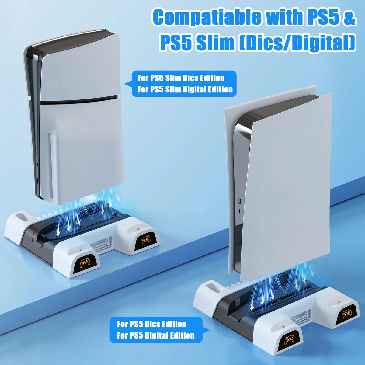 Supporto PS5/PS5 Slim con Ventola di Raffreddamento e Ricarica Controller PS5, PS5/PS5 Slim Supporto Verticale Compatibile con PS5/PS5 Slim con Indicatore di LED