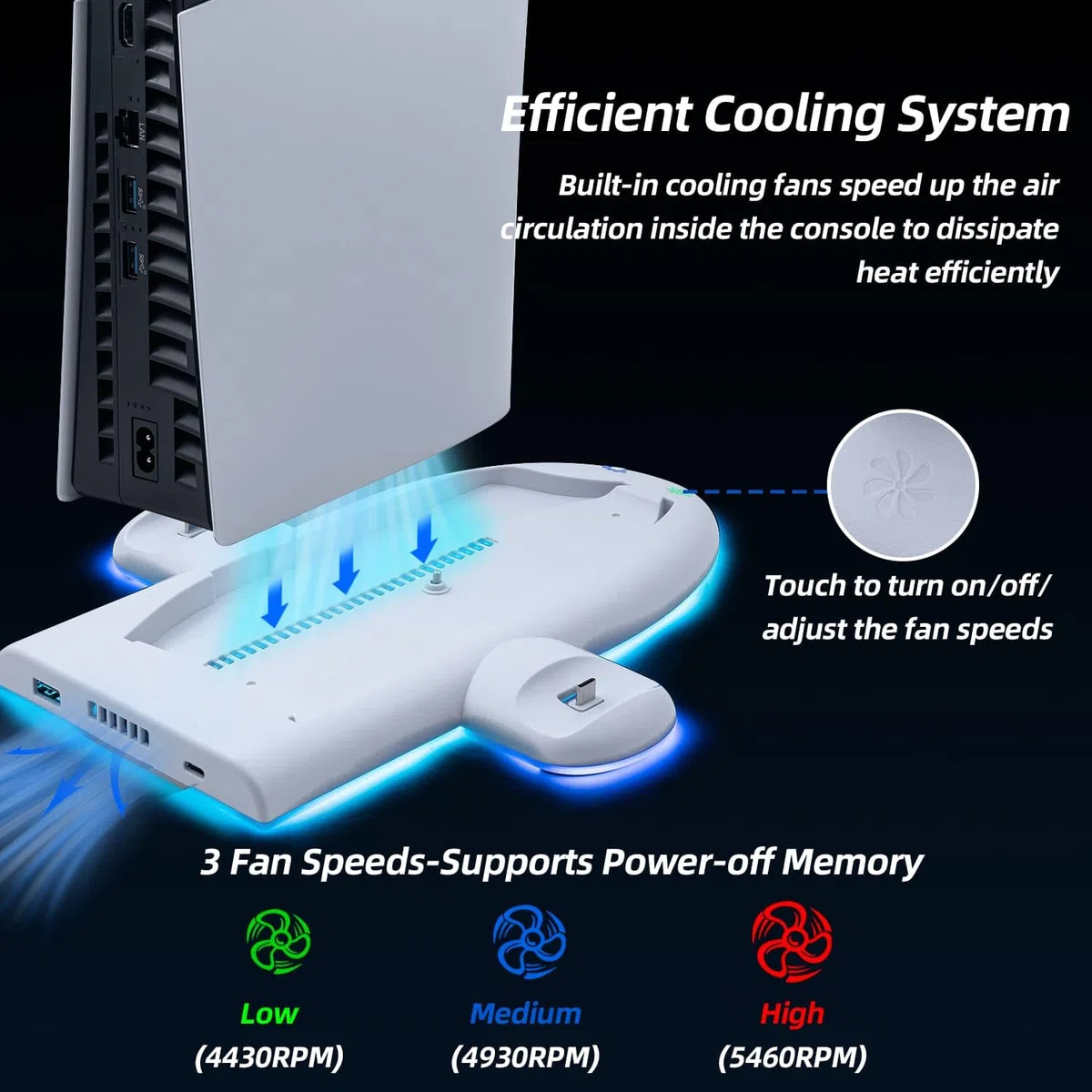 Mcbazel Stazione di Raffreddamento di Ricarica PS5 Slim, con 3-Velocità Effetto RGB Base di Caricatore Controller PS5 Dock Funzione di Memoria Accessori per Playstation 5 Slim(Non per PS5/PS5 Pro)