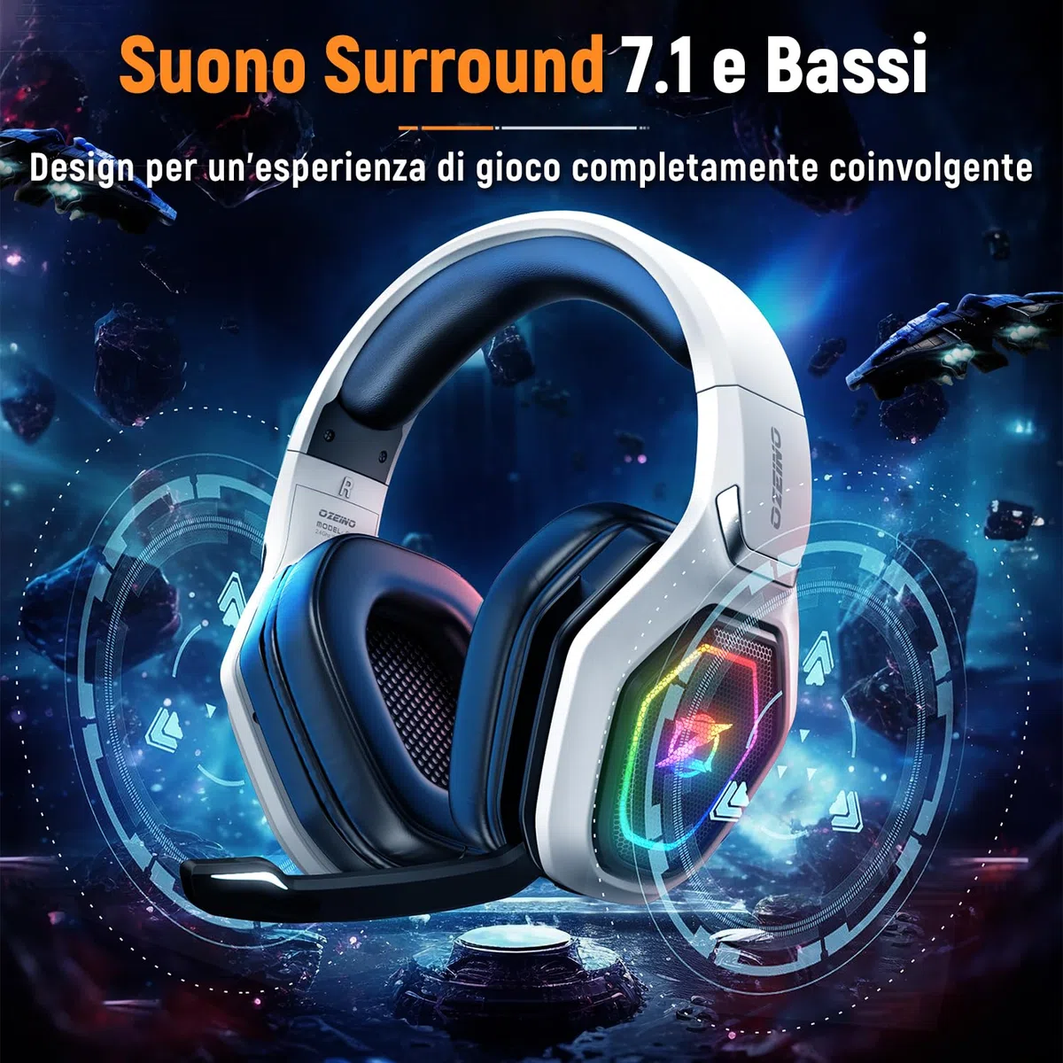Cuffie Gaming Wireless Ozeino 2,4GHz+Bluetooth 5.3 per PC/PS5/PS4, Microfono 7.1, Bassa Latenza, 30+ Ore