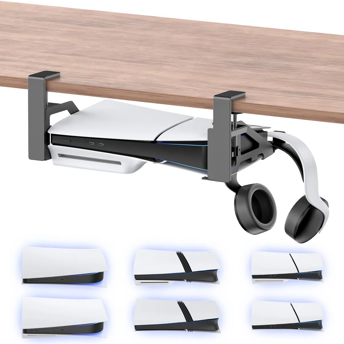 Supporto Sotto Scrivania per PS5/Slim/Pro, Supporto Orizzontale per PlayStation 5, Staffa Salvaspazio con Support Cuffie, Accessori PS5 Montaggio Sotto Tavolo