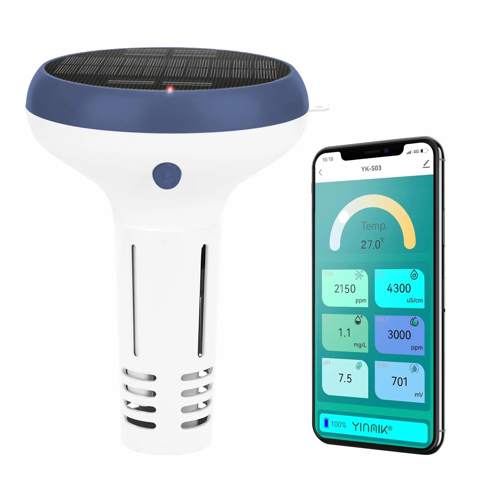 UIUZMAR Misuratore di Cloro e pH Piscina WiFi, Analizzatore Intelligente 7 in 1 per Acqua Salata e Piscina, Misura pH, Cloro Residuo, Sale, ORP, EC, TDS, Temperatura, con Ricarica Solare