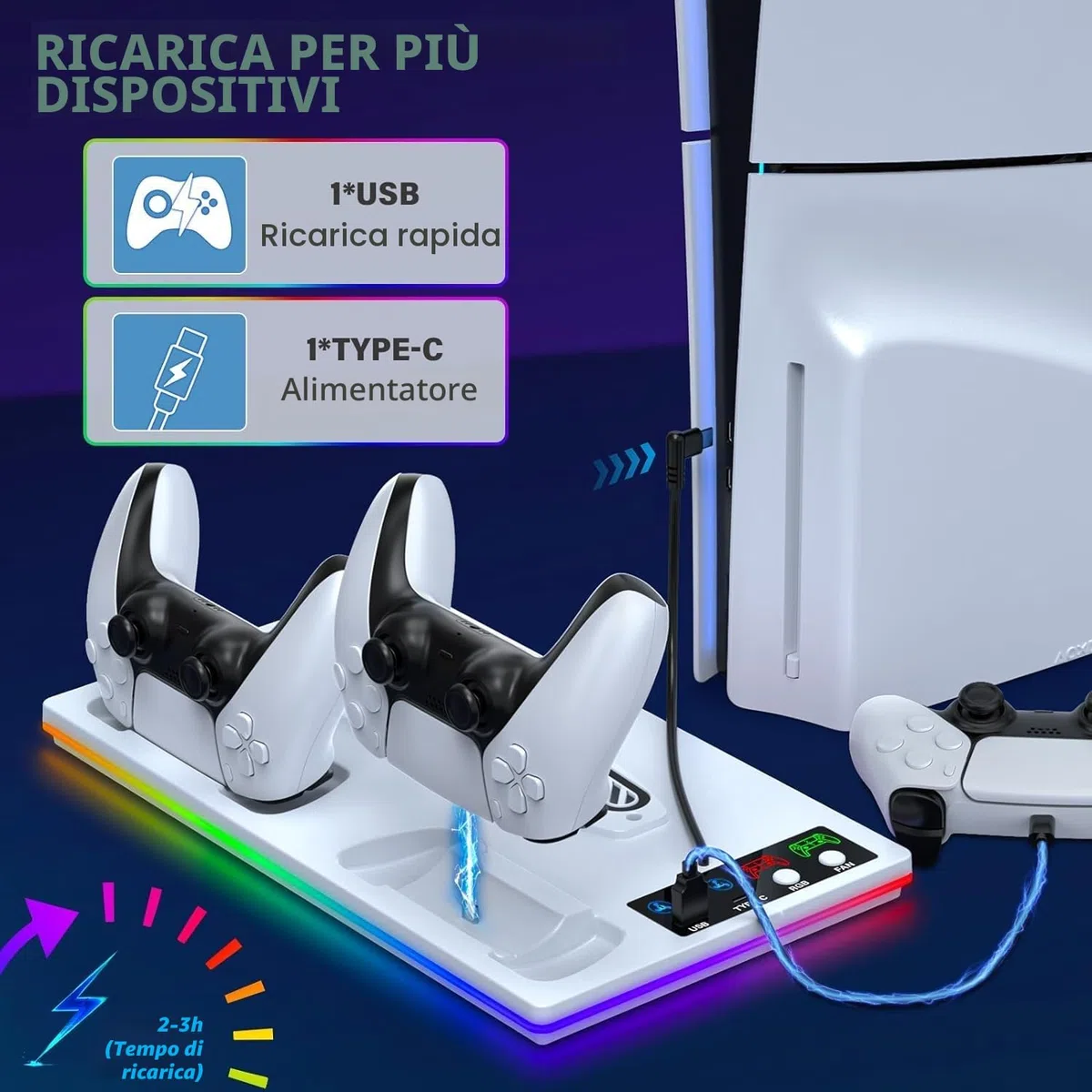 PS5 Supporto Verticale con Ricarica Controller e Ventola di Raffreddamento per PlayStation 5 Pro, Slim, Standard