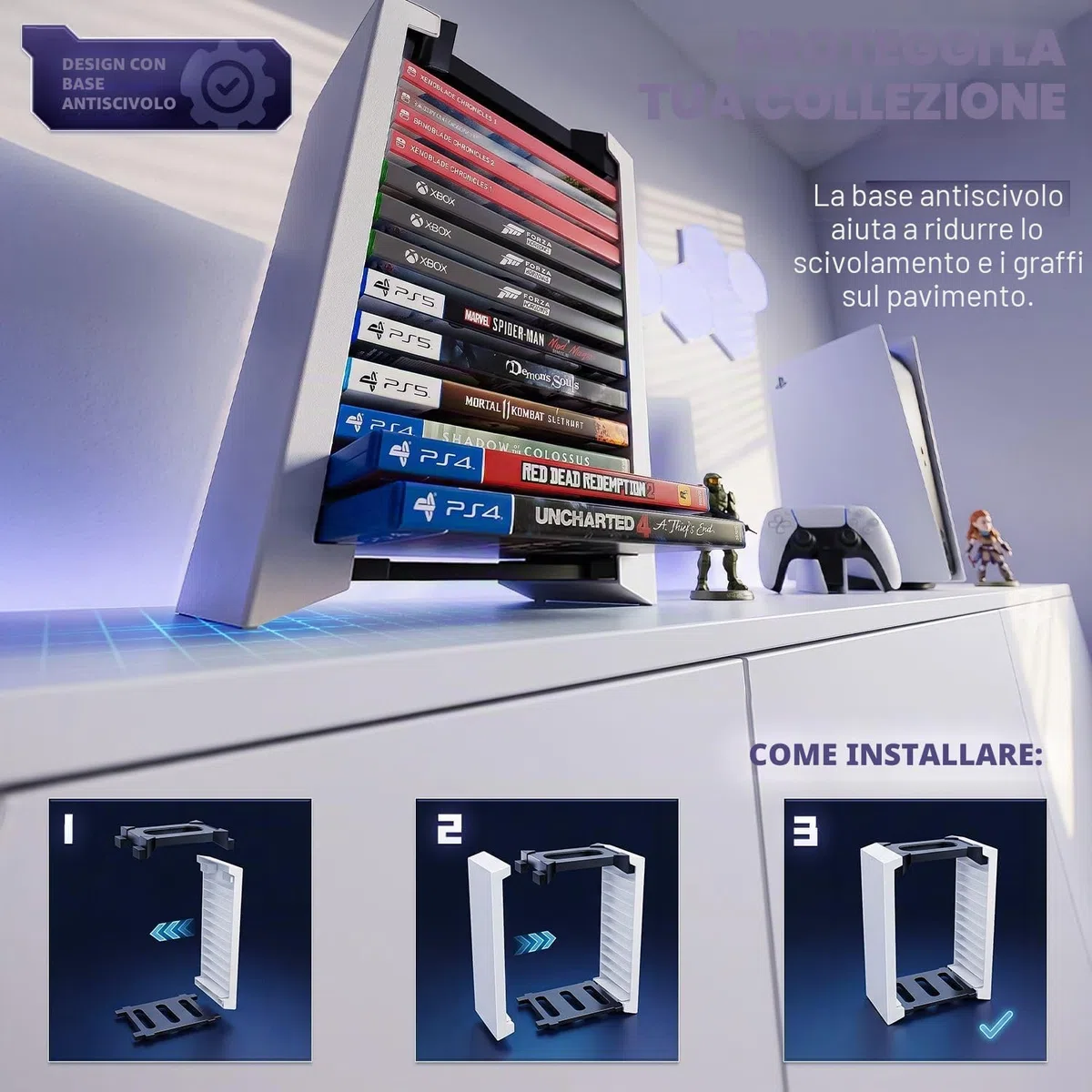 TNP Torre di archiviazione videogiochi custodia 12 CD Blu-ray supporto DVD scaffale verticale organizer PS5 Playstation 4 Nintendo Switch Xbox