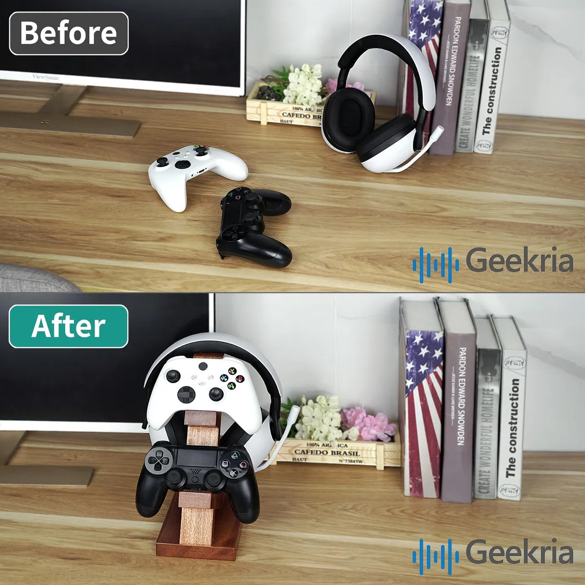 Geekria Supporto per controller e cuffie in legno massello, supporto per riporre il controller per PS4/PS5/Xbox/Switch/8BitDo, accessori universali per giochi da scrivania