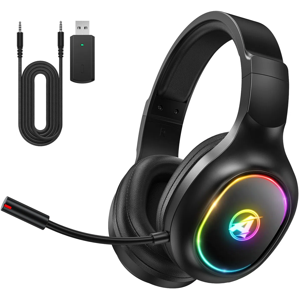 Cuffie Gaming Wireless con Microfono per PS4, PS5, PC, Mac, Switch, Cuffie da gioco con Cancellazione del Rumore con Luce RGB, 2,4 GHz, Suono Stereo 7.1, Cuffie Bluetooth Nero