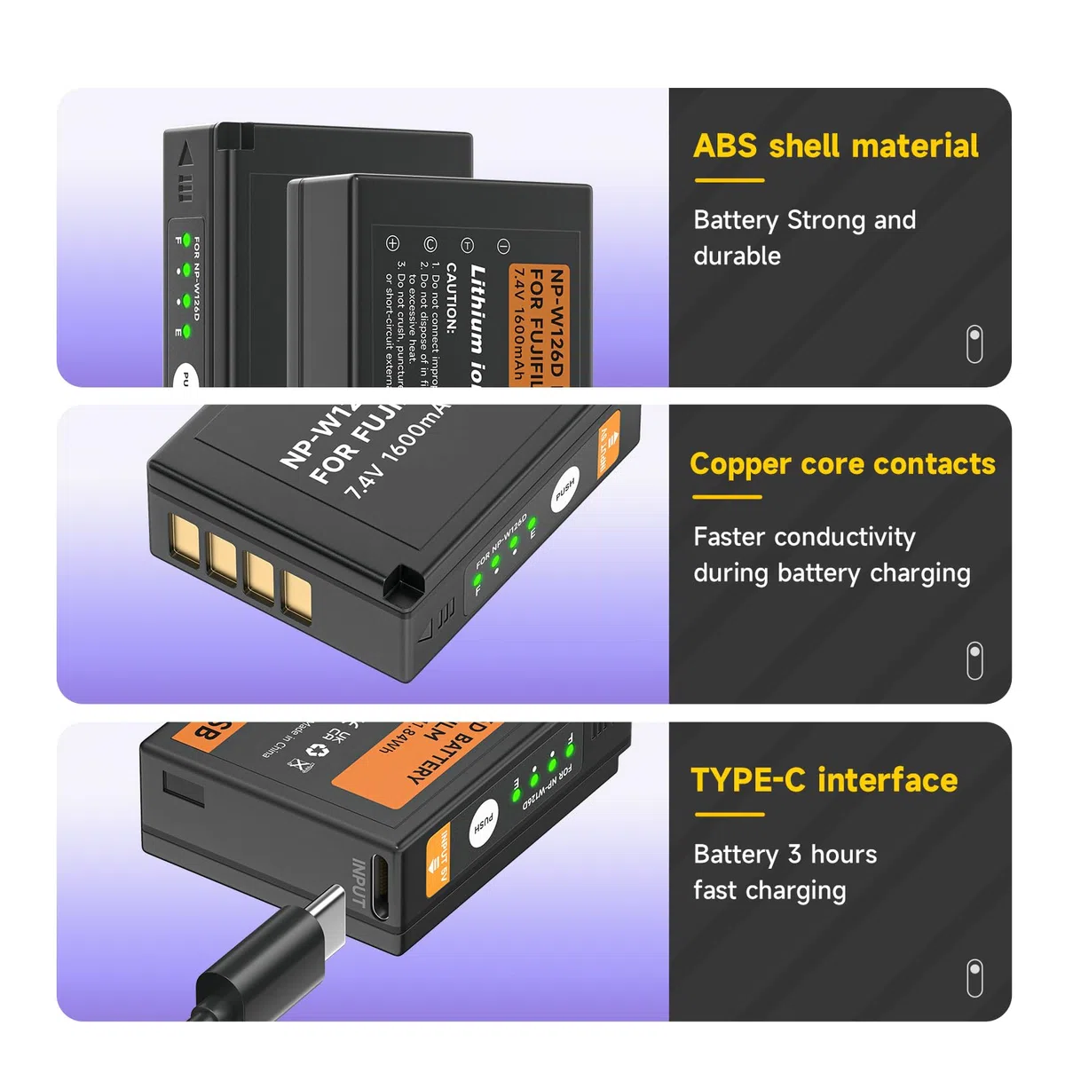 Confezione da 3 batterie NP-W126S 1600 mAh USB Type-C, compatibili con Fuji X-T100,X-T200,X100F,X100V,X-S10,X-A5,X-A10,X-E3,X-E4,X-Pro2,X-Pro3,X-T1,X-T2,X-T3,X-T10,X-T20,X-T30,X-T30 II