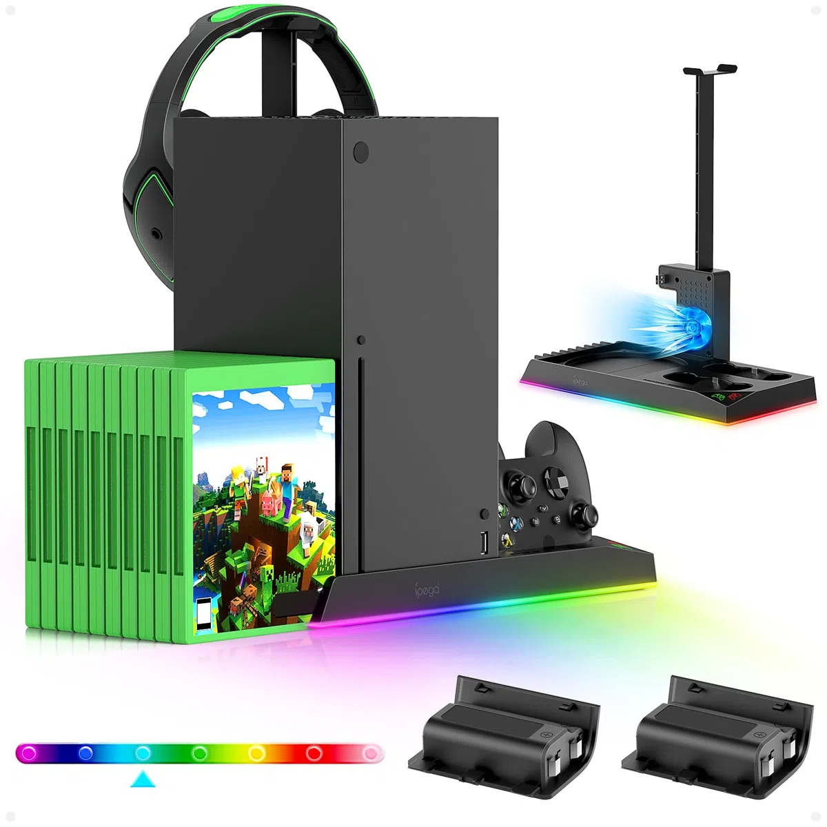 FASTSNAIL Supporto LED RGB per Xbox Series X, controller stazione di ricarica con 2 batterie da 1400 mAh, ventola di raffreddamento e accessori