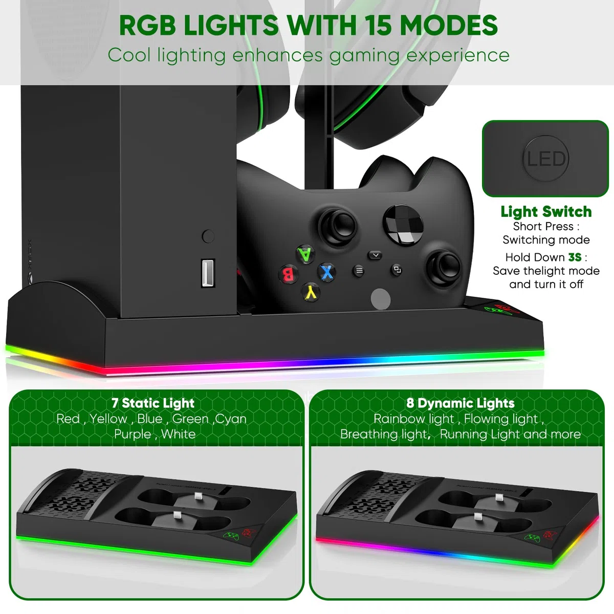 FYOUNG Upgrade - Supporto per ventola di raffreddamento RGB per console Xbox Series S con 15 luci colorate, Dual Controller stazione di ricarica per Xbox Series S accessori (nero)