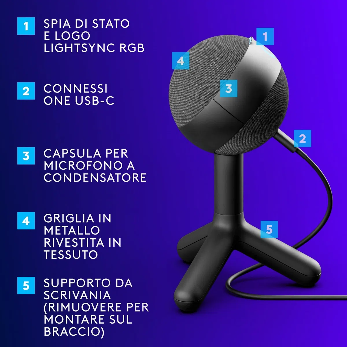 Logitech G Yeti Orb Microfono a Condensatore RGB per Gaming con LIGHTSYNC, Microfono USB per Streaming, Cardioide, Plug and Play USB per PC e Mac, Nero