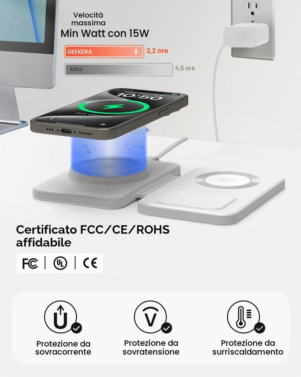 GEEKERA Caricatore con Magsafe, 3 in 1 Stazione di Ricarica per Apple Watch e iPhone Air/17/16/15/14/13/12, Caricatore Wireless per iWatch 2-Ultra 3, Base Caricabatterie per AirPods 2-Pro 3, bianca
