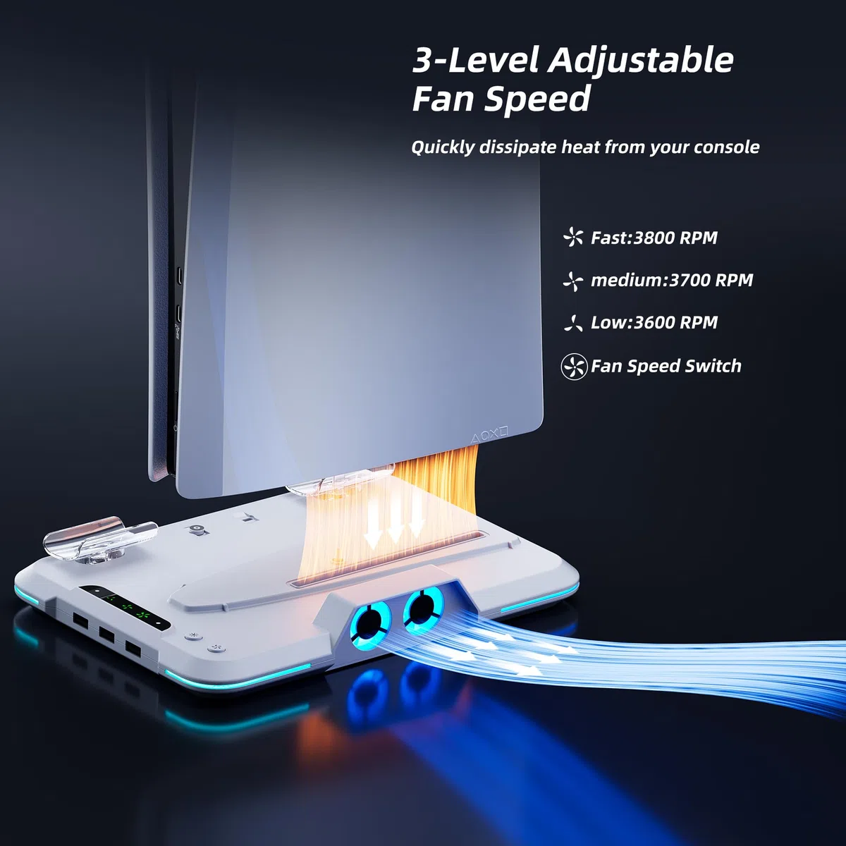 Mytrix Stazione di raffreddamento per la nuova console PS5 Slim 2023 (edizioni disco e digitale), supporto PS5 Slim con ventola a 3 velocità, stazione di ricarica con caricatore controller, 14 luci