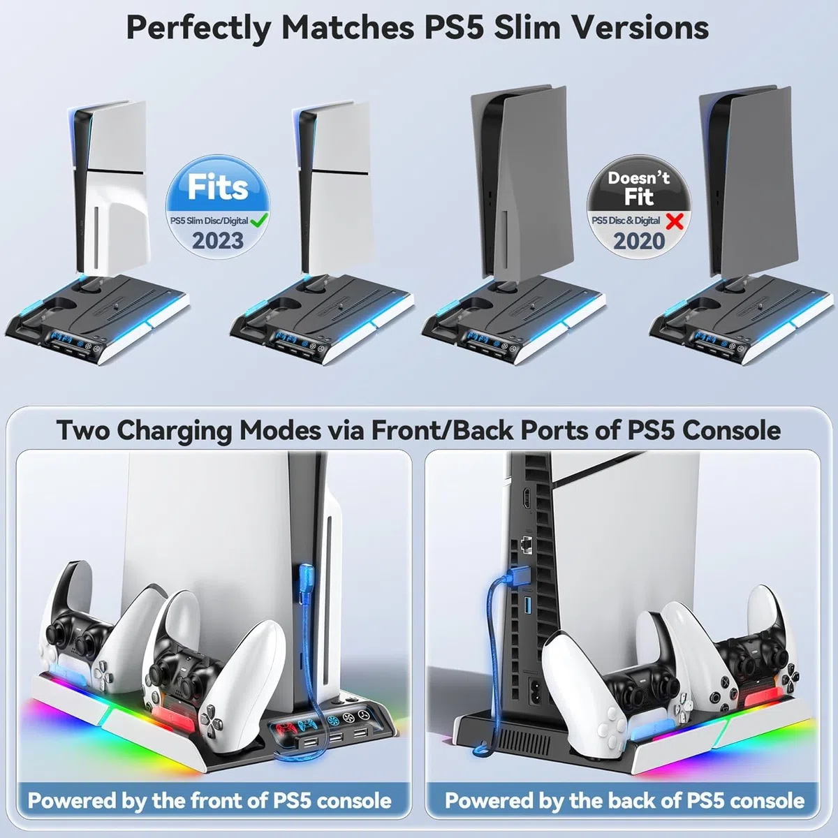 Supporto PS5 Slim con Ventola di Raffreddamento, Staffa per PS5, Base Ricarica Controller PS5, PS5 Accessori per PS5 Slim/P5 Digital Edition e Disc Edition