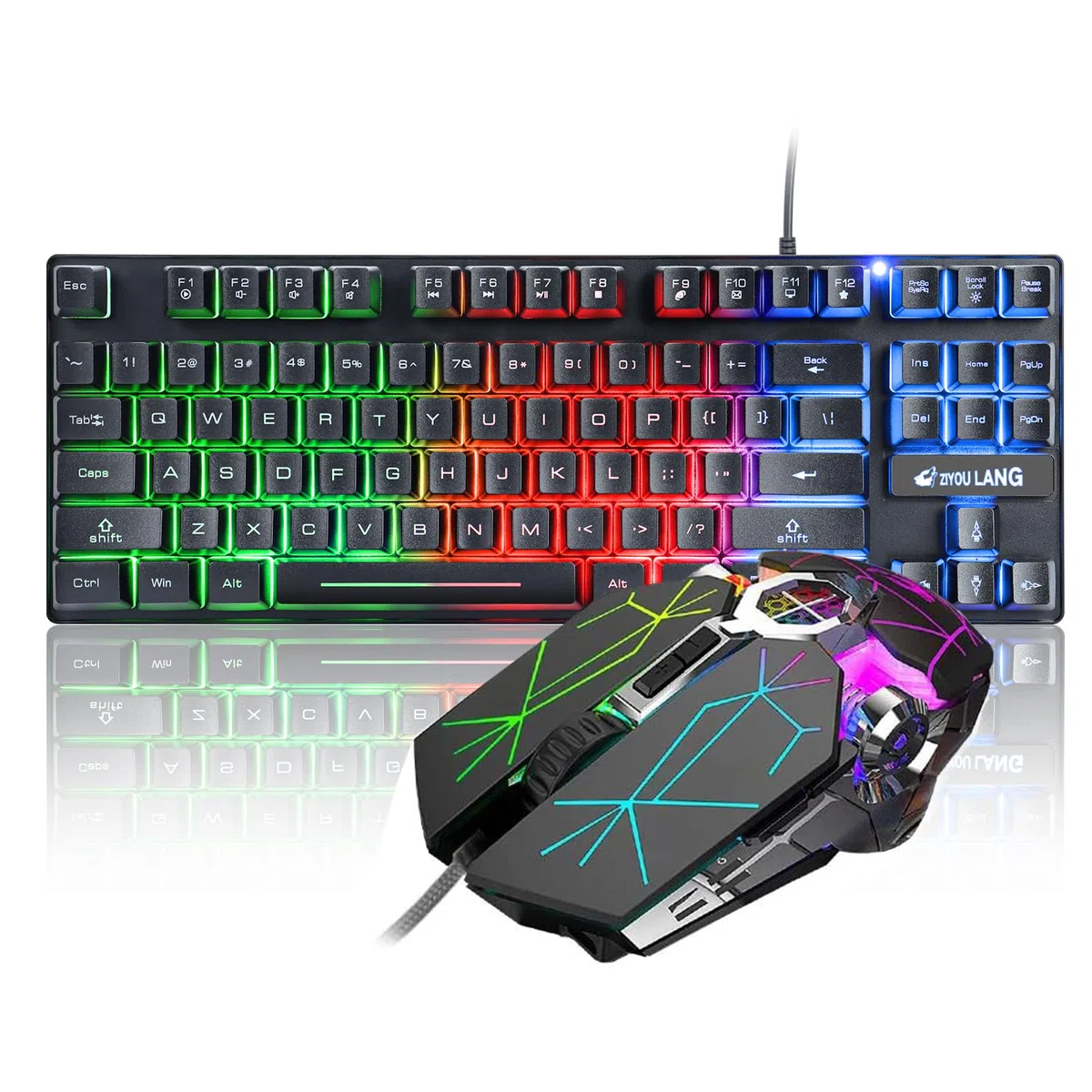 LexonElec Mouse ottico da gioco con 87 tasti, con funzione meccanica, con retroilluminazione LED arcobaleno, per PC da gioco, 6 pulsanti, 2400 DPI, 7 LED, retroilluminato, per PC, ufficio, giochi
