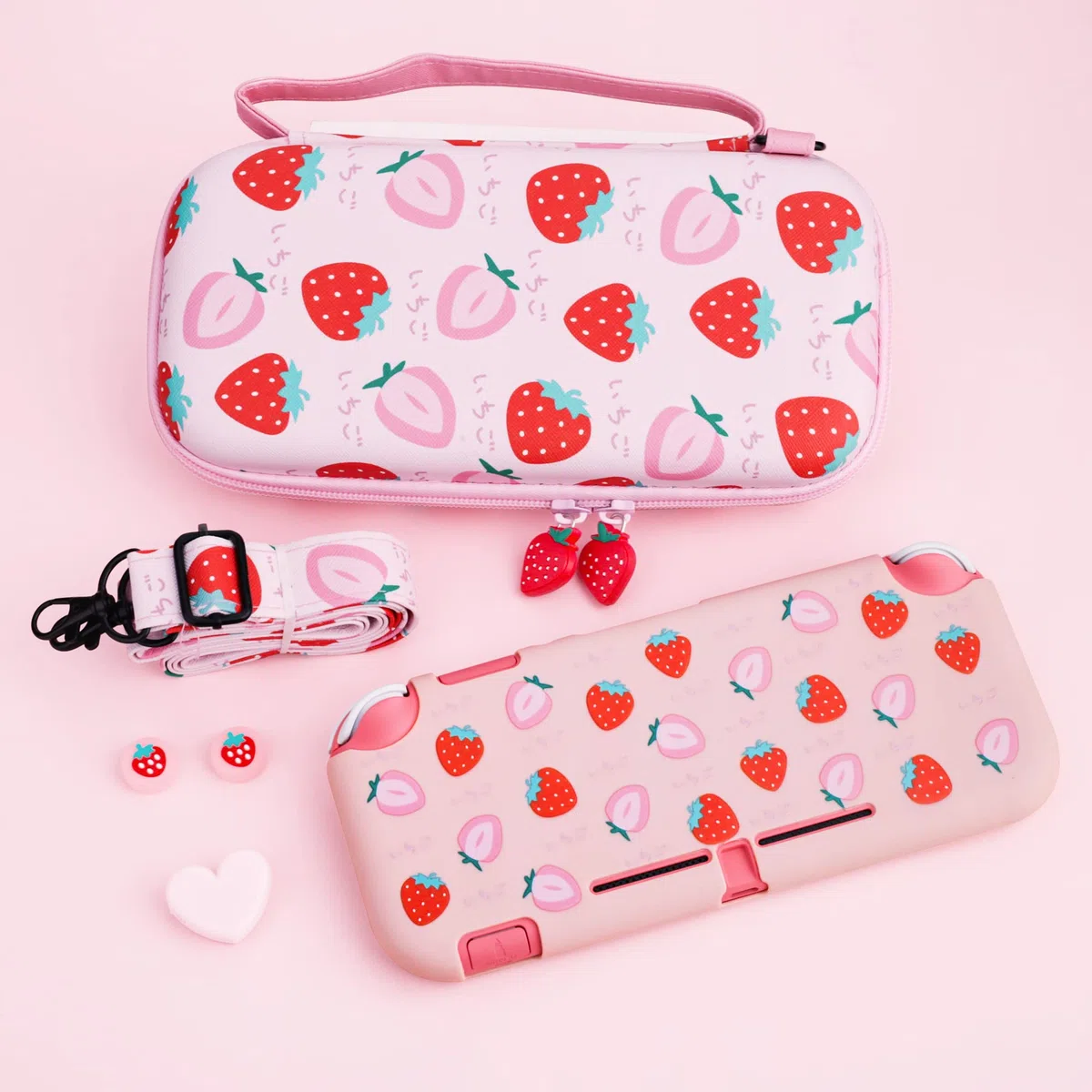RHOTALL Custodia per Nintendo Switch Lite, graziosa custodia per Switch Lite con guscio protettivo in TPU, tracolla regolabile, protezione schermo e 2 tappi per pollice, fragola