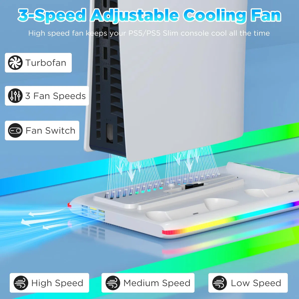 PS5/PS5 Slim Verticale Supporto di Raffreddamento, Stazione di raffreddamento per PS5/PS5 Slim con 3 Velocità, Ganci per Cuffie Stazione di Ricarica Doppio Controller, per Disc/Digital Edition