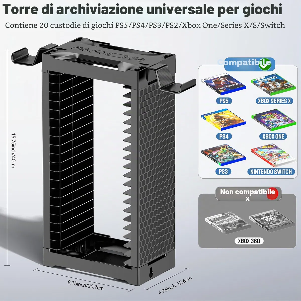 Supporto a Torre per 20 Dischi Videogiochi con Support Controller, Organizer Parete per Switch 2/PS5/PS4/Xbox One/Series