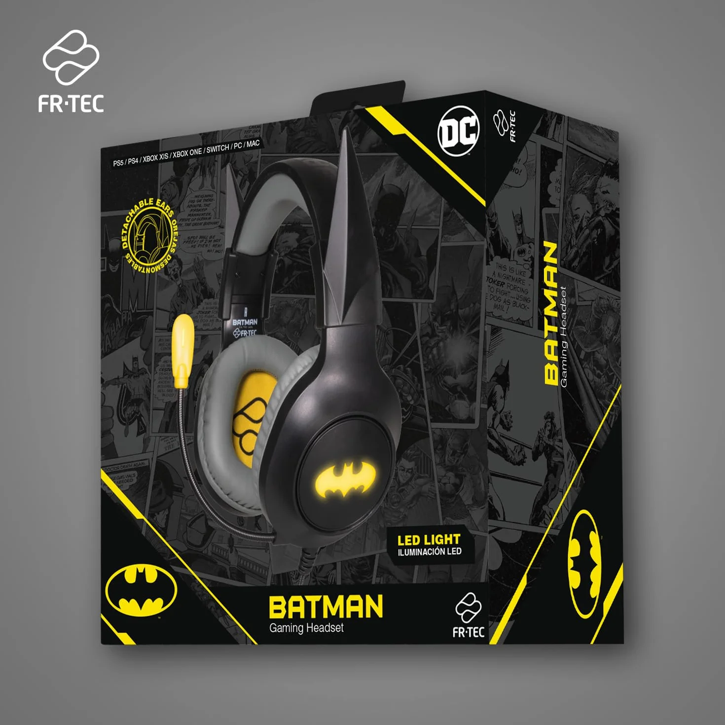 FRTEC – Cuffie Gaming Headset BATMAN con orecchie del cavaliere scuro staccabili cavo e luce LED RGB per Playstation 5, PS4, Xbox Series X/S, Xbox One, Nintendo Switch, PC, Mac