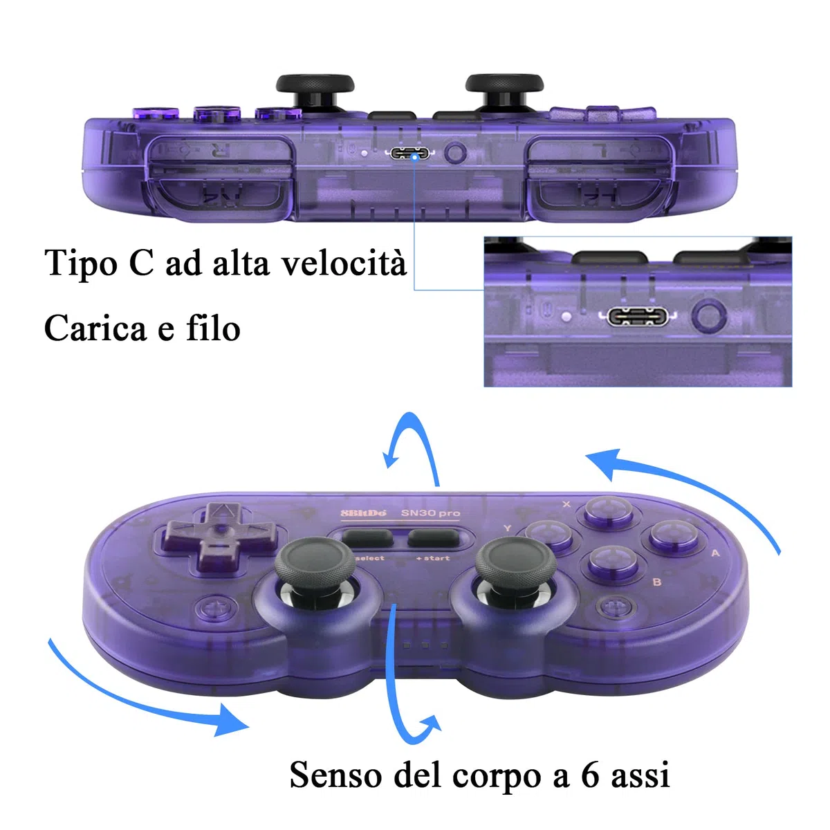 8Bitdo Controller di Gioco Bluetooth SN30 PRO Compatibile con Switch PC, Aggiornamento Joystick Effetto Hall, Gamepad Wireless per PC, Windows, Android, macOS, Steam, Raspberry Pi (Viola Trasparente)