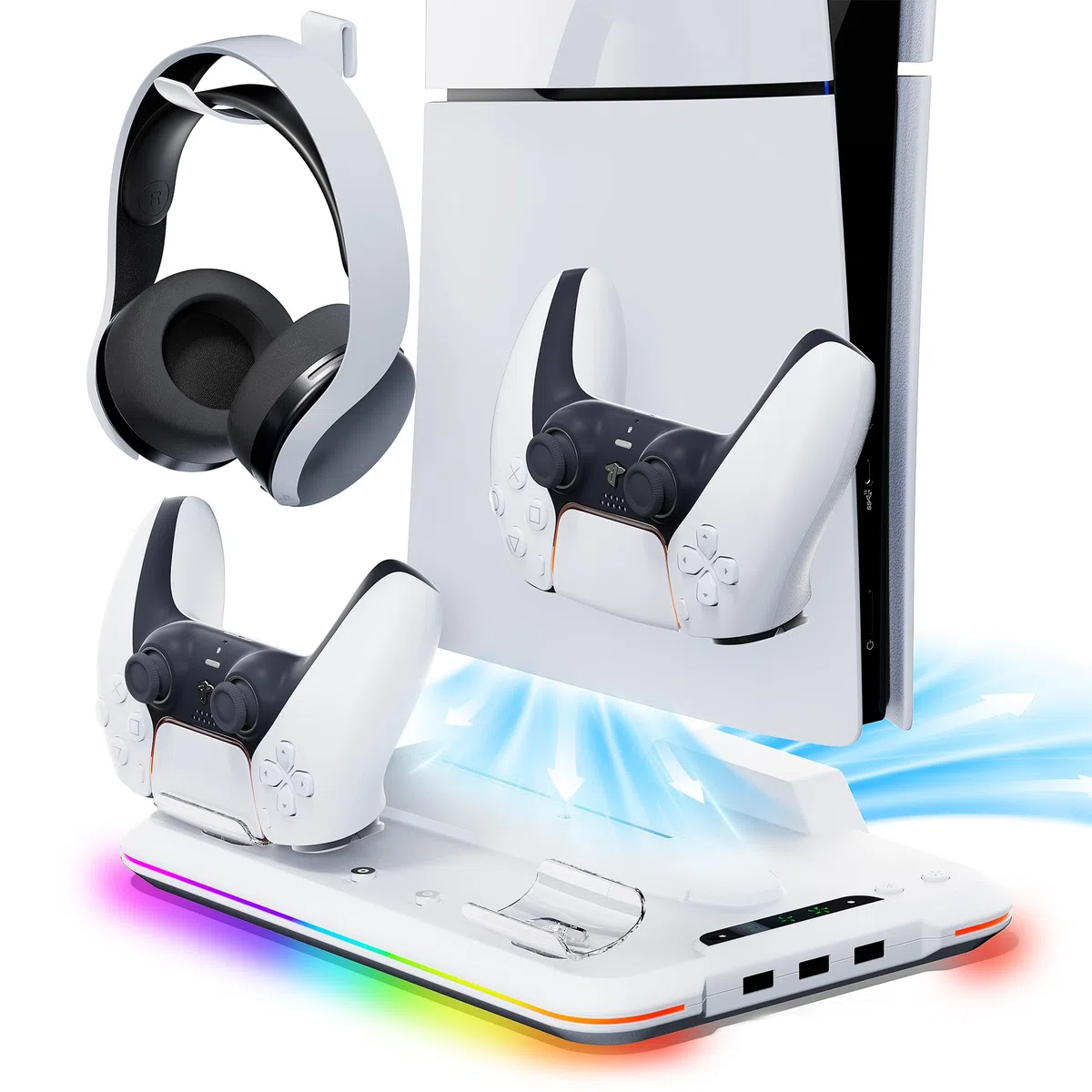 Mytrix Stazione di raffreddamento per la nuova console PS5 Slim 2023 (edizioni disco e digitale), supporto PS5 Slim con ventola a 3 velocità, stazione di ricarica con caricatore controller, 14 luci