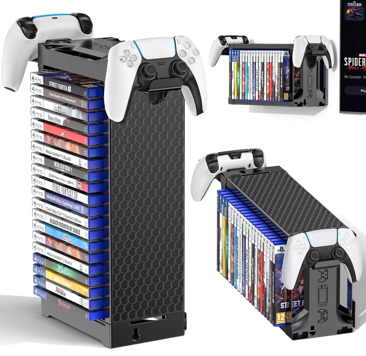 Supporto a Torre per 20 Dischi Videogiochi con Support Controller, Organizer Parete per Switch 2/PS5/PS4/Xbox One/Series