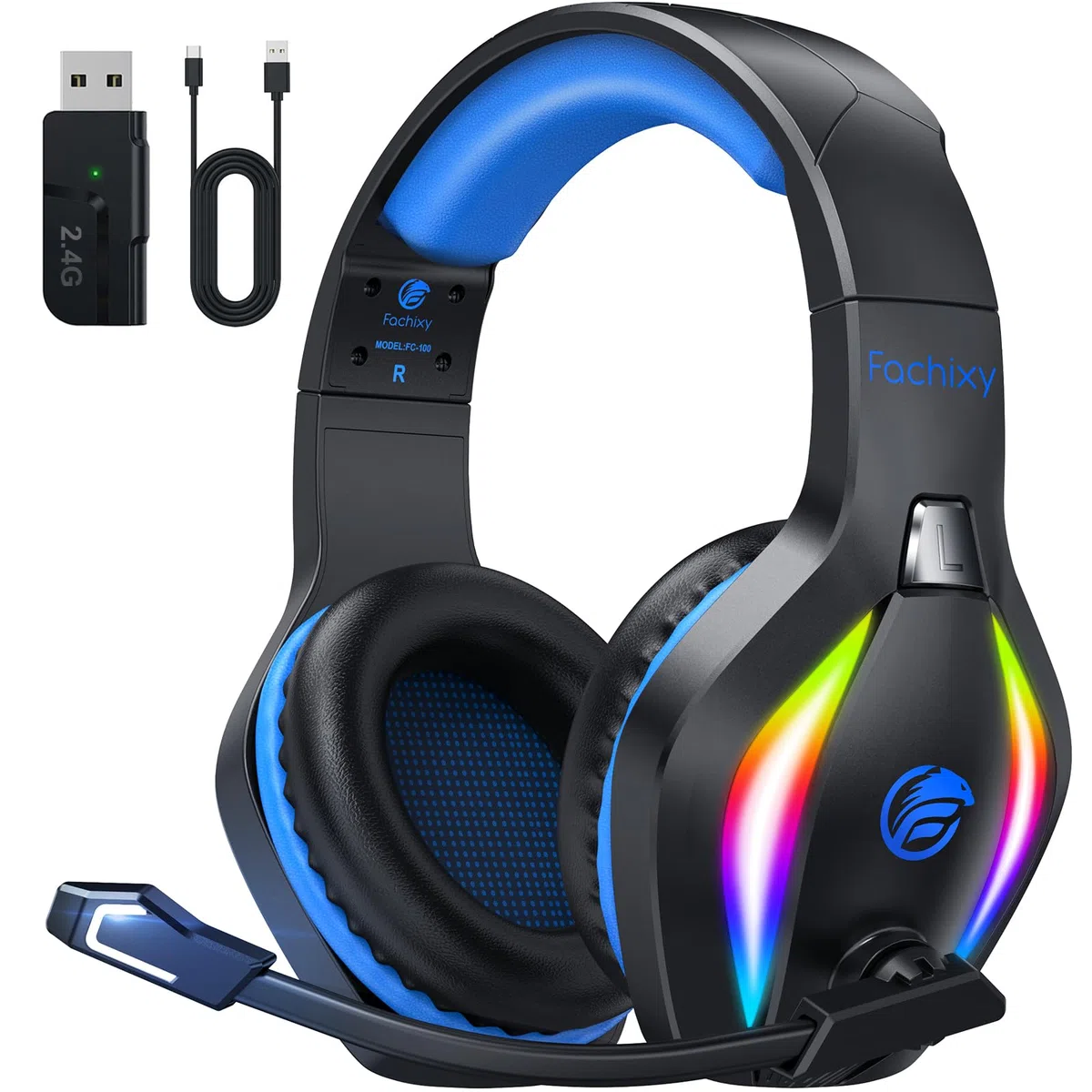 Fachixy FC100 Cuffie Gaming Wireless 2,4G con Microfono per PS5 PS4 PC Switch Mac, Surround Sound LED, 50h Batteria