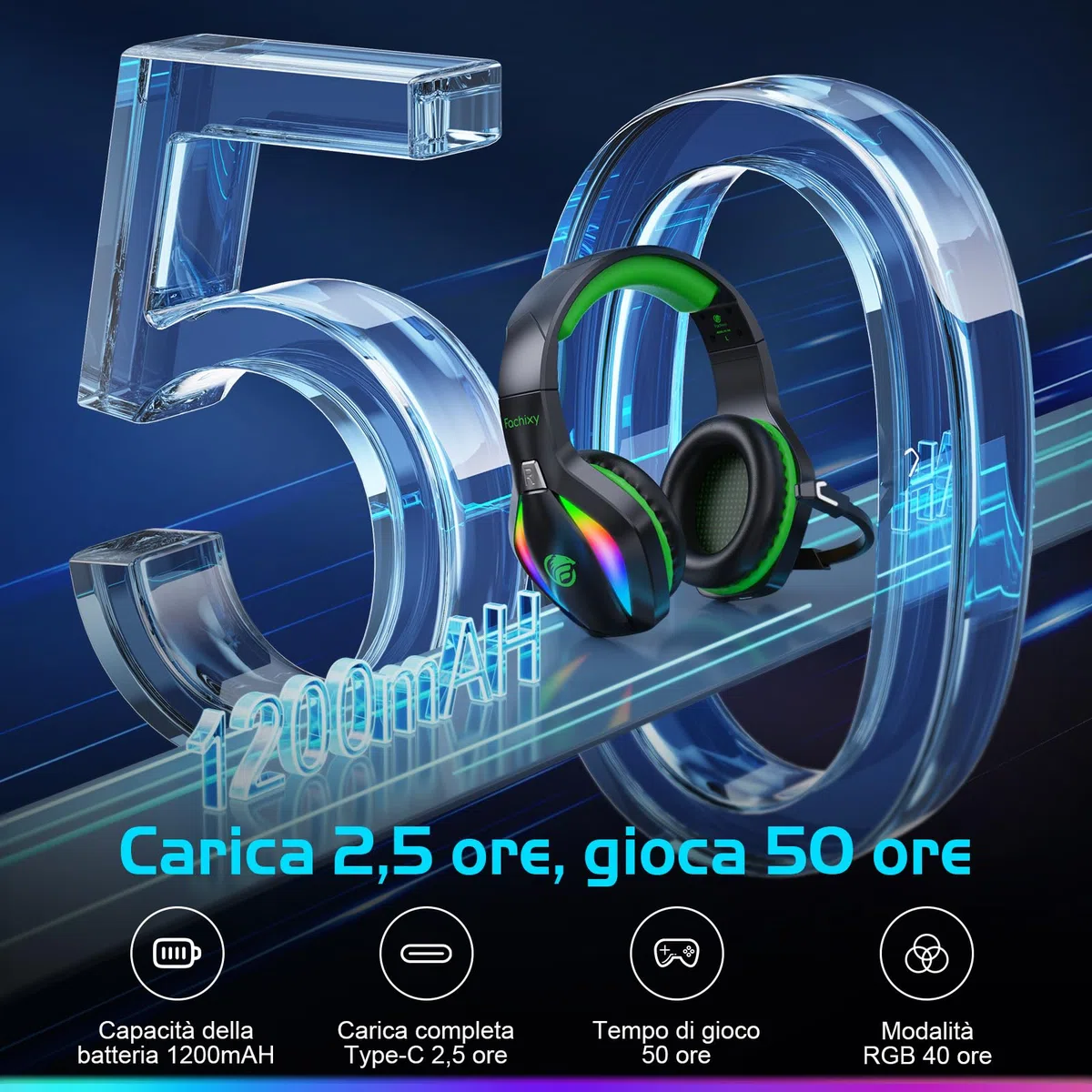 Fachixy FC100 Cuffie da gioco senza fili 2.4GHz Bluetooth microfono Suono stereo 3D 50 ore Batteria PS4 PS5 PC nero-verde