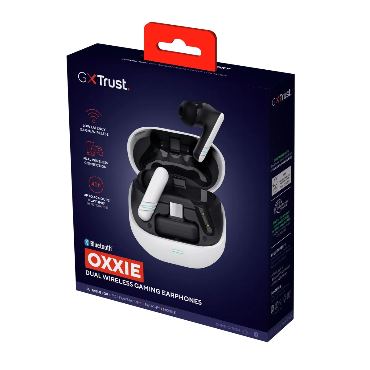 GXTrust 409 Oxxie In Ear Cuffie Bluetooth Gaming PS5 Switch PC Mobile, Auricolari Bluetooth o Ricevitore USB-C 2,4 Ghz Bassa Latenza, 4 microfoni ENC, 25 Ore di Autonomia, Earphones Wireless, Bianco